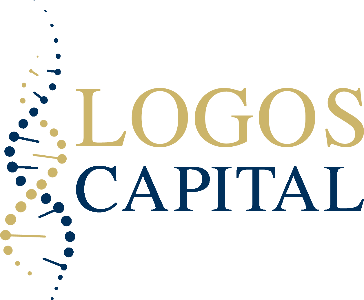 Logo for Logos Capital: gold and navy text with a left-facing DNA-like dotted helix motif.